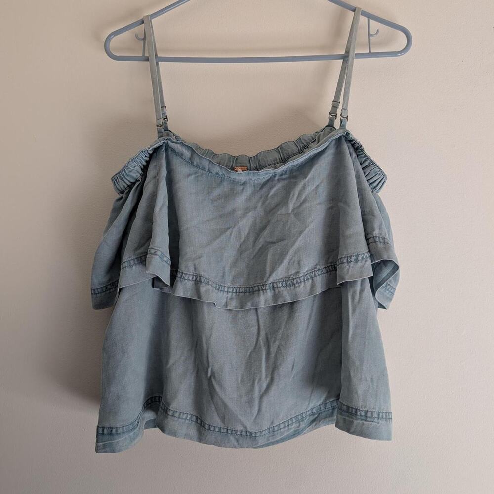 Free People Light Blue Tencel Chambray Ruffle Cold Shoulder Top S P